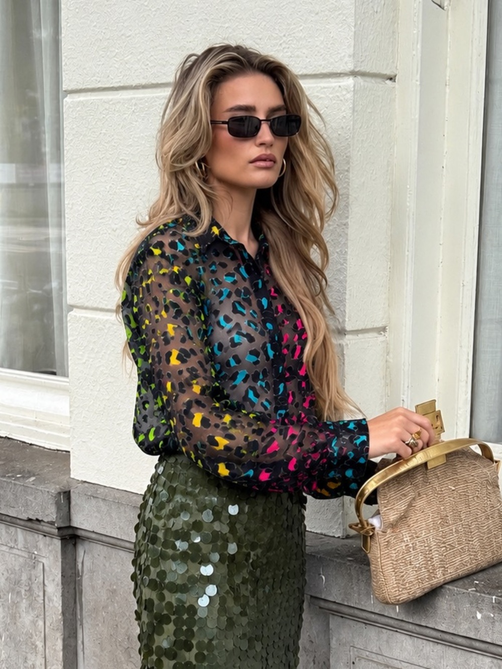 Alice + Olivia Sheer Leopard-Print Button Front Blouse in Neon Accents
